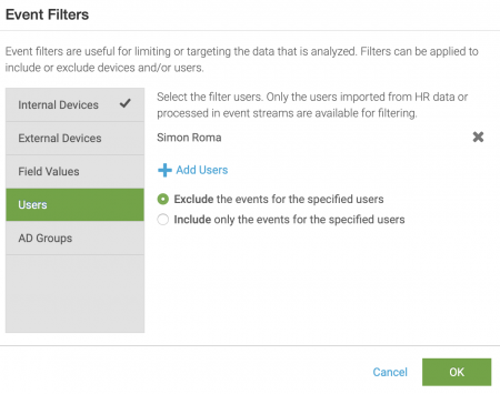 This screen image shows the Event Filter dialog window. The Users option is selected in the left-side selector. The user Simon Roma appears in the window because it was already selected, and "Exclude the events for the specified users" is selected.