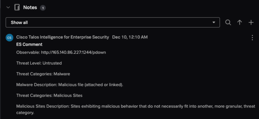 This image shows Talos enrichment data displayed in the Notes section for the finding.