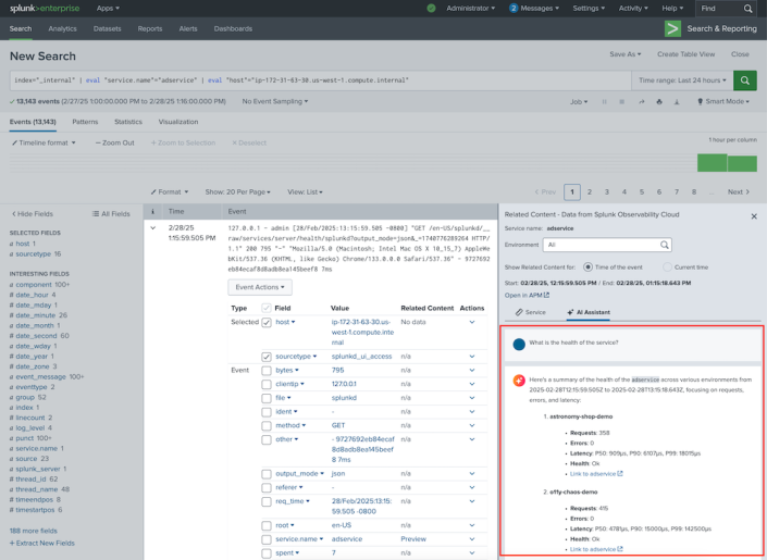 This image shows a preview of host data from Splunk Observability Cloud in the Related Content panel.