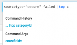 This screen image shows the search "sourcetype="secure" failed  | top c" typed into the Search bar. The list below the Search bar shows the command arguments and command history that begin with the letter "c".  The search assistant shows "...|  top categoryId" for Command History and "countfield=" for Command Args.