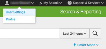 This image shows the Account menu in Splunk Cloud. The choices on the menu are "User settings" and "Profile".