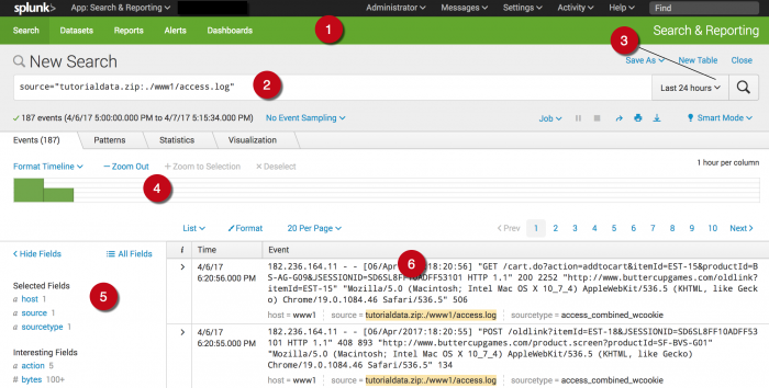 The New Search page contains multiple frequently referenced UI elements. The following table describes each element, numbered on the image.