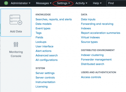 This image shows the Settings menu that you access from the Splunk bar. The Settings menu contains options to manage Knowledge objects, Data, System settings, Distributed Environment settings, and User access.
