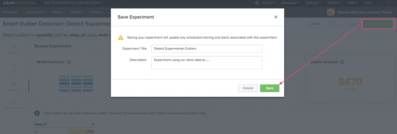 This image shows the Review stage of the Assistant. A modal window is present following the clicking of the Save and Next button. From this modal window you can choose to rename the Experiment and Save from draft state.
