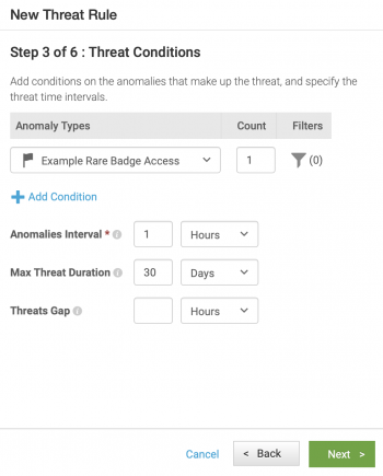 This screen image shows Step 3 of 6 in the New Threat Rule dialog window. The important fields are described in the text immediately preceding the image.