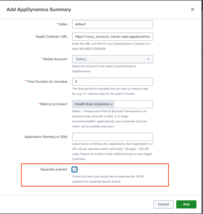 AppDynamics summary screen showing Separate Events checkbox selected