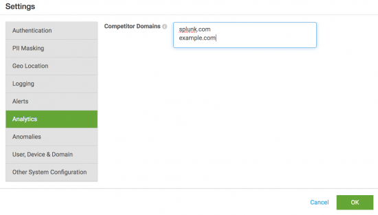 This screenshot shows how to configure competitor domains in Splunk UBA. In the Settings window, the ETL & Analytics item is selected. In the Competitor Domains field, there are two lines of text. The first line contains example.com, and the second line contains splunk.com.