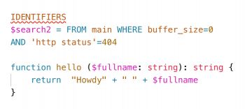 This image shows search examples where index names, like "main", and field names, like "buffer_size" are colored dark orange.