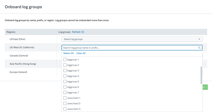 The Onboard log groups page lists the available log groups for each available region for your data input.