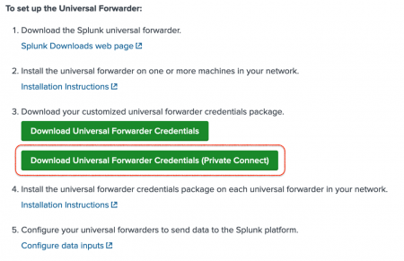 This screenshot shows which universal forwarder credential the user should download for this step.