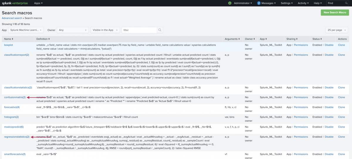 Search macros in the Splunk Machine Learning Toolkit Splunk Documentation