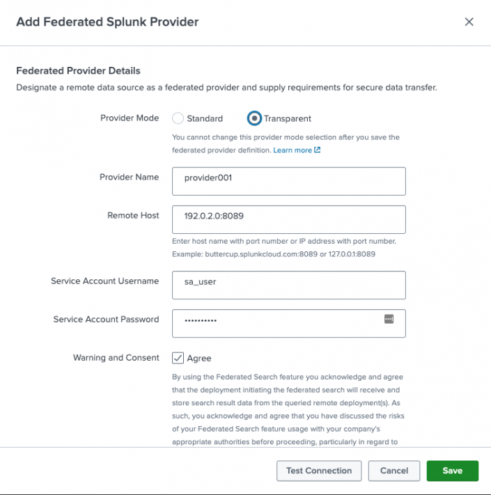 An image of the Add Federated Provider dialog, filled out for a federated provider named provider001.