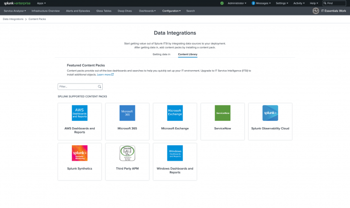 Featured content packs in this version of Splunk App for Content Packs