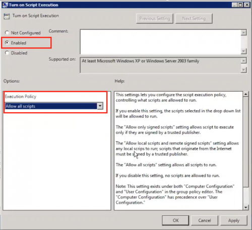 This screen image shows the Turn on Script Execution window. The Enabled checkbox is highlighted and selected, and the Allow all scripts policy is highlighted selected.