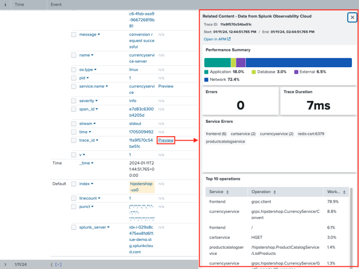This image shows a preview of trace data from Splunk Observability Cloud in the Related Content panel.