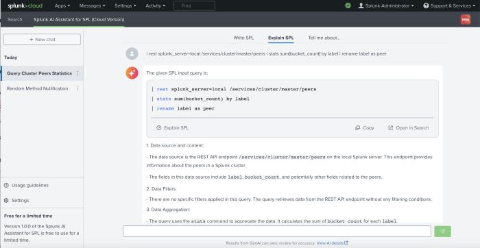 This image shows the Explain SPL tab of Splunk AI Assistant for SPL. Example SPL and results produced by the app are displayed.