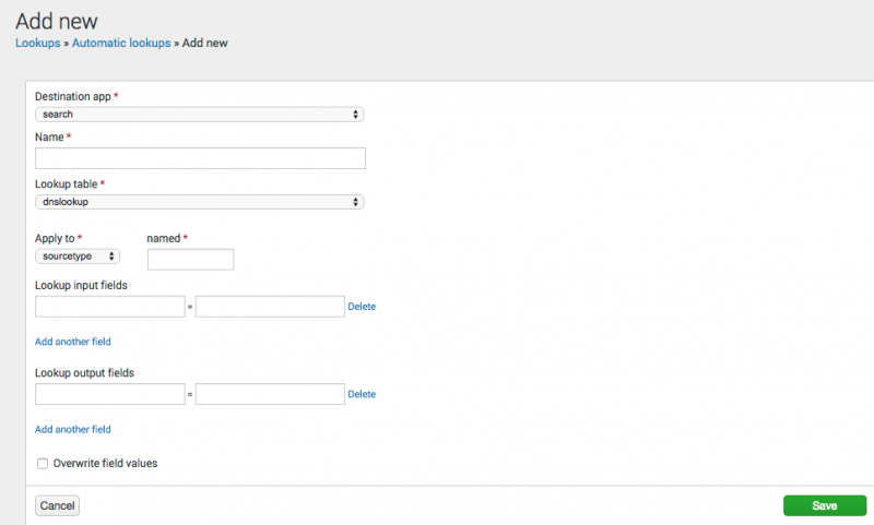This screen image shows the Add New view for automatic lookups.  None of the fields have been changed.