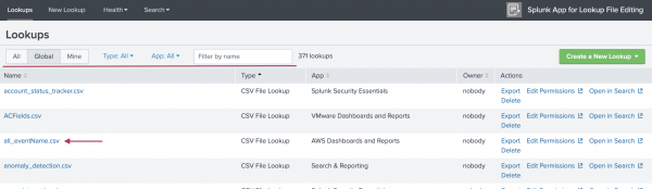 This image shows the Lookups tab of the Splunk App for File Lookup Editing. This tab displays a list view of your CVS and KV store lookups. Filter enable you to narrow the list to only show lookups of a certain type or for a certain app. One listed lookup is highlighted as the one selected for editing.