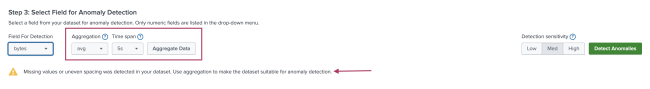 This image shows fields that appear if your dataset is deemed to not be suitable as-is for anomaly detection. Fields for Aggregation and Time span are highlighted.