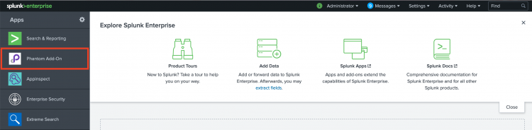 This screen image shows Splunk Web. The Phantom Add-On is highlighted in the list of apps.