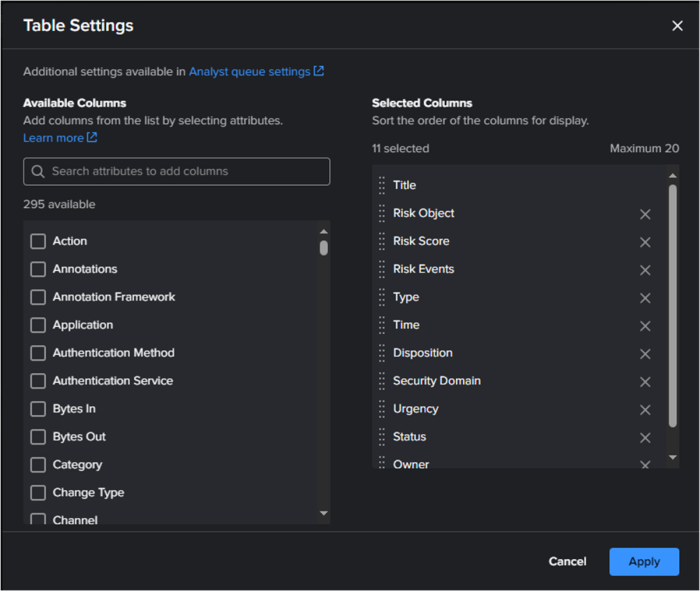 Screenshot displaying how to configure table settings for the Analyst queue