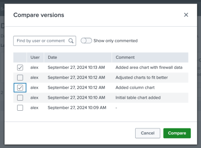 A modal labeled "Compare versions". At the top of the modal, there is a search bar to filter by user or comment. There is also a toggle that can switch the results to show only versions that have comments. The majority of the modal is a table of all versions with the name of the user, the date the version was saved, and any comments attached to the version. You can select up to 2 versions to compare.