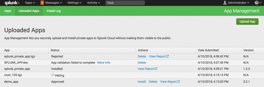 Several uploaded app packages in a table with their names and statuses. Approved and installed packages include app versions, but packages with rejected, vetting, and failed statuses do not.