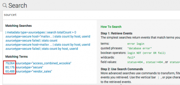 This screen image shows "sourcet" typed into the search bar. A list of Matching Searches and Matching Terms displays below the Search bar. With the Full mode, the Matching Terms also include a count of the number of times that term appears in your data. In this example the terms are sourcetype="access_combined_wcookie", sourcetype="secure", and sourcetype="vendor_sales". There is a red box around the counts for the terms.
