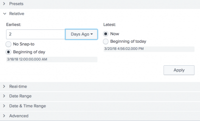 This screenshot shows the Relative option. For the "Earliest" time, the number 2 is typed in. From the drop-down list, "Days Ago" is selected. For the "Latest" time, the radio button "Now" is selected.