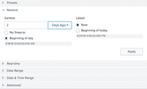 This screen image shows the Relative option. For the "Earliest" time, the number 2 is typed in.  From the drop-down list, "Days Ago" is selected.  For the  "Latest" time, the radio button "Now" is selected.
