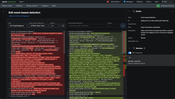 This screen image shows the highlighted differences between detection versions.