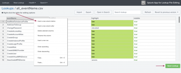 This image shows the lookup we selected from the Lookups tab but in an edit view. The content is displayed like a spreadsheet and can be edited like a spreadsheet. Right-clicking displays a list of available options including insert a row, and insert a column. In the bottom right of the page a button labeled as Save Lookup is highlighted.