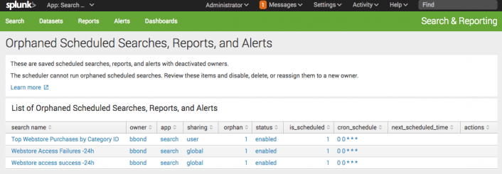 This is an image of the Orphaned Scheduled Searches, Reports, And alerts dashboard. It displays a list of orphaned scheduled searches.