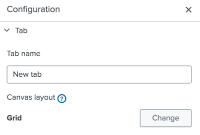 A configuration panel with the "Tab" section expanding and showing a field to name the tab and the option to change the tab's canvas layout.