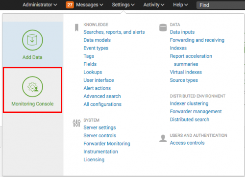 This screen image shows the settings menu. The icon for the Monitoring Console is on the left of the image, about halfway up.