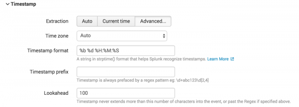 The graphic shows the process of editing a timestamp in the Settings > Sourcetype screen in Splunk Cloud Platform. It is intended to illustrate editing the timestamp.