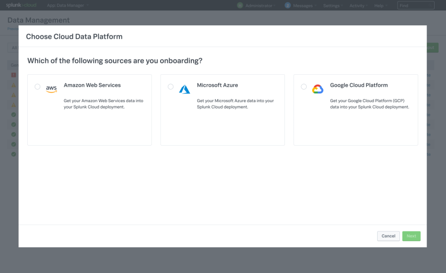 The Choose Cloud Data Platform page lists the available data sources.