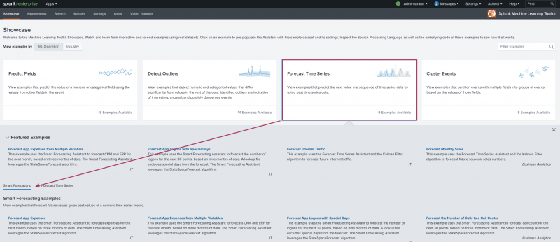 This image shows the landing page for the Machine Learning Toolkit Showcase page. The Forecast Time Series option is highlighted and pointing to the four end-to-end examples for the Smart Forecasting Assistant.