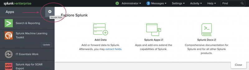 This image shows an example screen of the Splunk platform. The Manage Apps icon is highlighted.