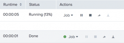 This image shows the Status and Actions columns. In the Status column, the first job has a status of Running (13%). The second job has as status of Done. The actions column shows the Job drop-down and the four action icons.