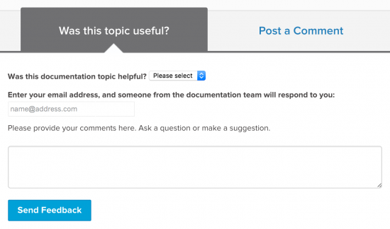 This screen image shows the "Was this topic useful" form at the bottom of each topic in the Splunk documentation.