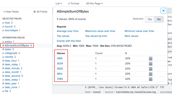 This image shows the ASimpleSumOfBytes field selected in the list of Interesting fields. A popup window shows the cumulative sum of the bytes.