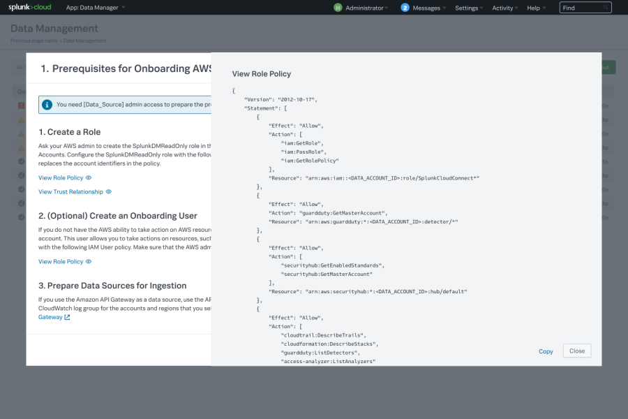 The prerequisites page lists the role policy for this data input.