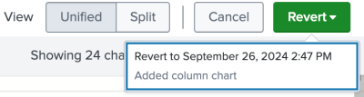 A green "Revert" button next to the "View" and "Cancel" options for version control. The "Revert" button is selected and expands into a drop-down list showing the versions available for reverting.