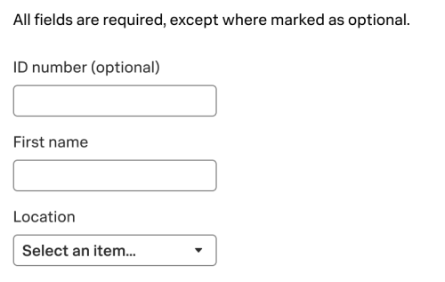 Example of optional fields in a UI, where the line above the fields indicates that fields that are optional are marked, and in the field themselves there is 1 that says (optional).