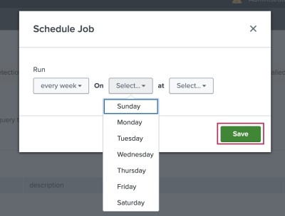 This image shows the modal window that appears when you click Schedule for a job in the Job Dashboard. Options are available to schedule a job runs by days, dates, and times.