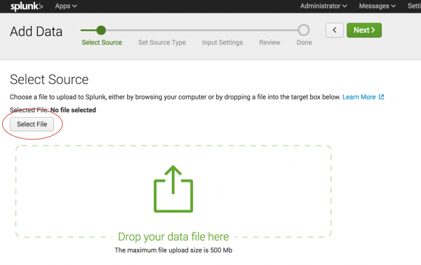 This screen image shows the first step in adding data, Select Source.  Click the Select File button and browse to where you downloaded the tutorialdata.zip file.