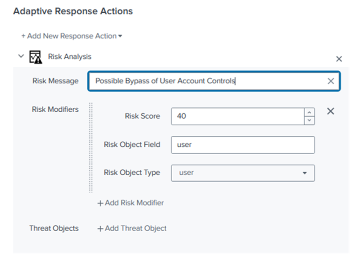This image displays displays how to configure a risk message as an adaptive response action in the Correlation Search Editor.
