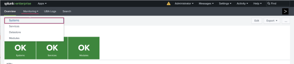 This image shows the navigation bar of the Splunk UBA Monitoring App. The Monitoring tab is selected and the sub-menu item of Systems is highlighted.