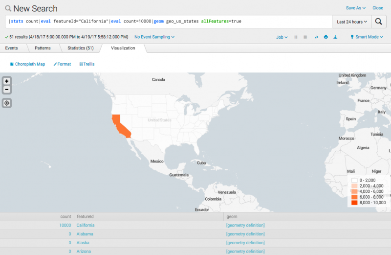 This image shows the results of the search on the Visualization tab. The state of California is highlighted. Because the allFeatures argument is used, all of the other stats in the collection have an outline around their geometric features.